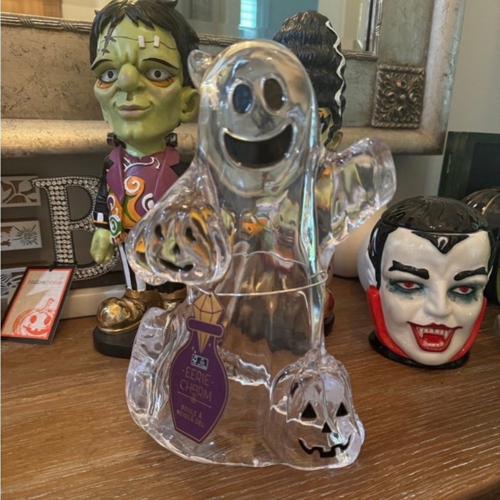 Eerie Charm Acrylic Halloween Playful Ghost with Pumpkins Clear Decor